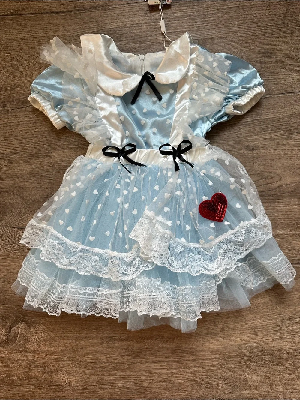 Alice in Wonderland Blue Heart Lace Kids Costume Dress Black Bow Accents